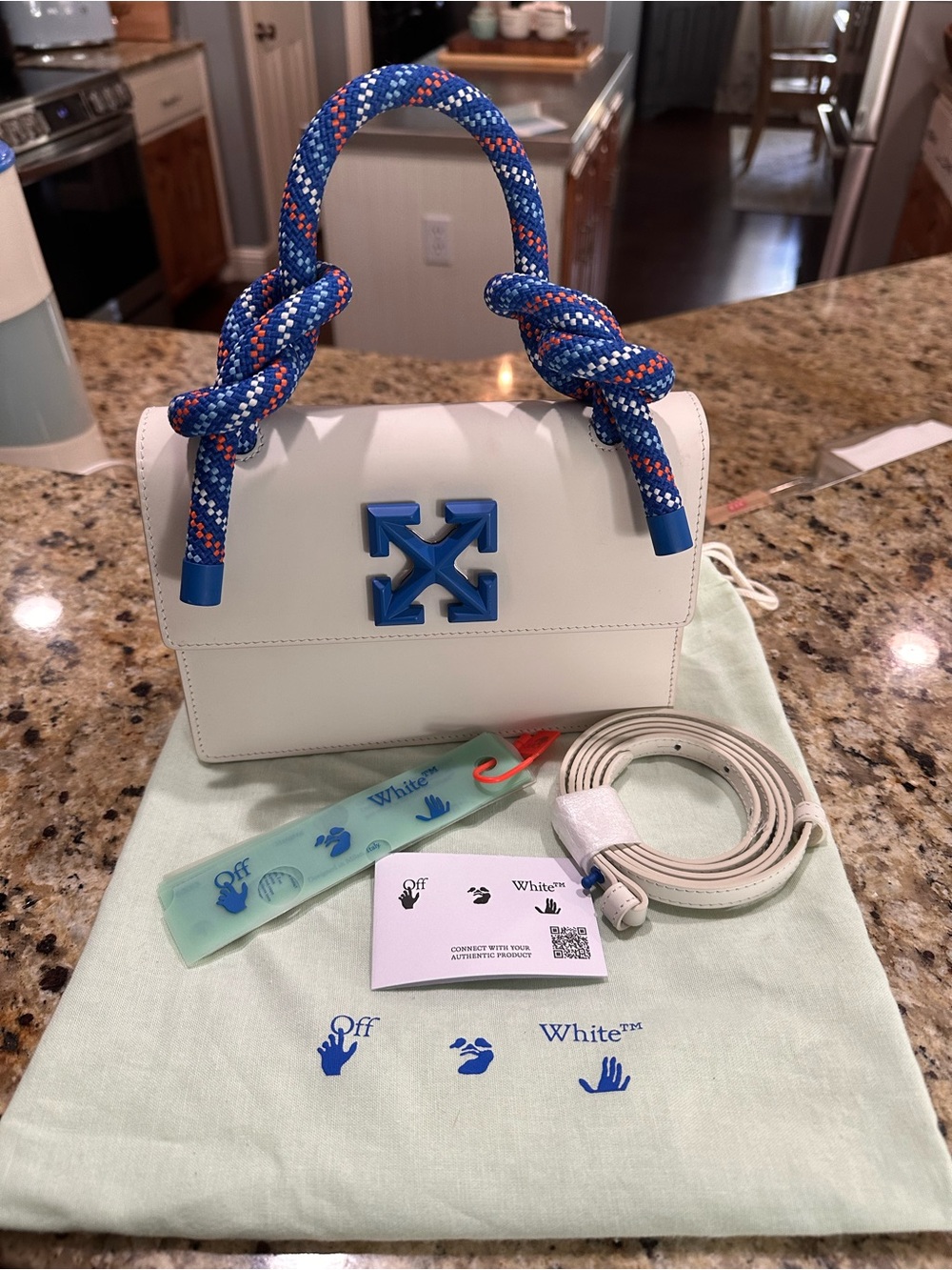 Off-White White Leather Shoulder Bag with Blue Rope Handle